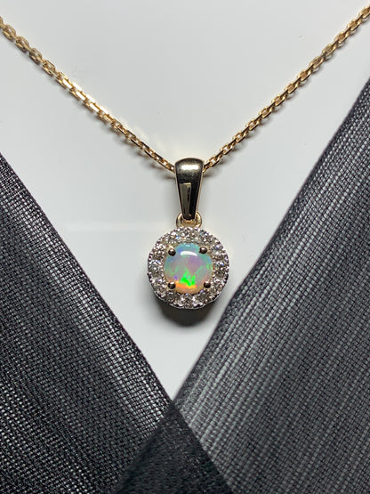 Round opal and diamond yellow gold cluster necklace