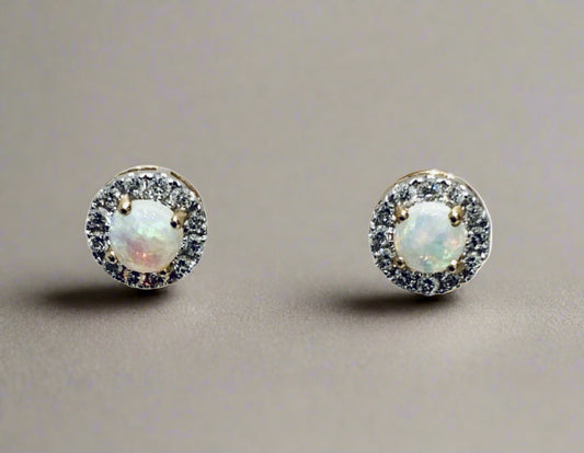 Round opal and diamond yellow gold stud cluster earrings