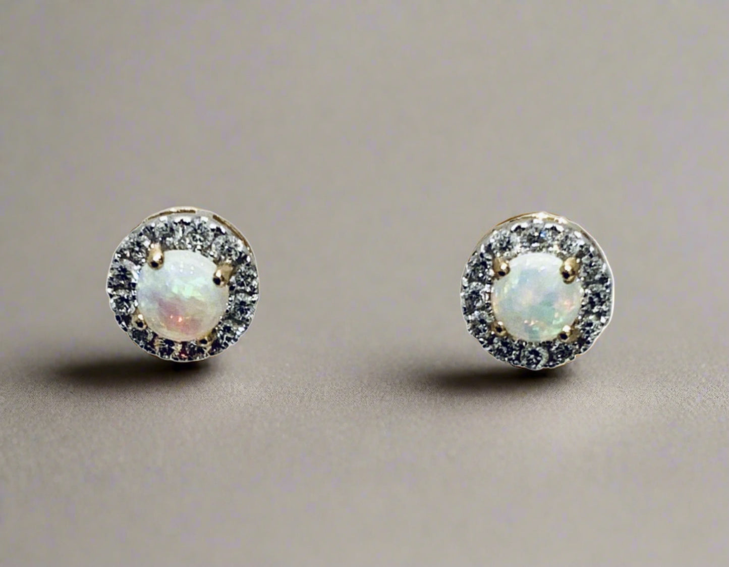 Round opal and diamond yellow gold stud cluster earrings