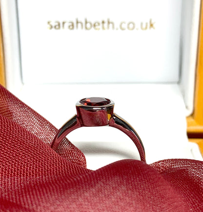 Round real garnet sterling silver ring