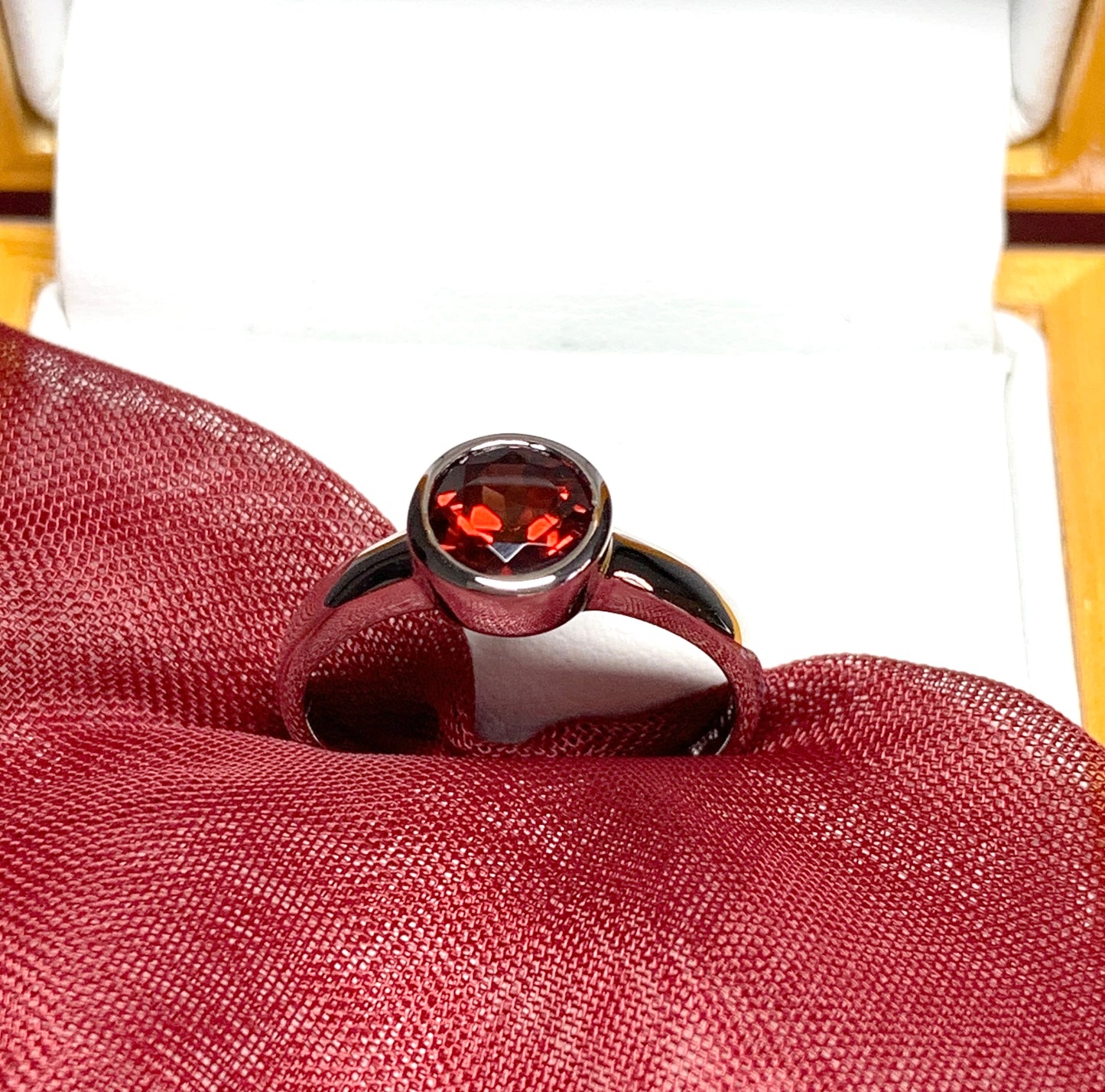 Round real garnet sterling silver ring