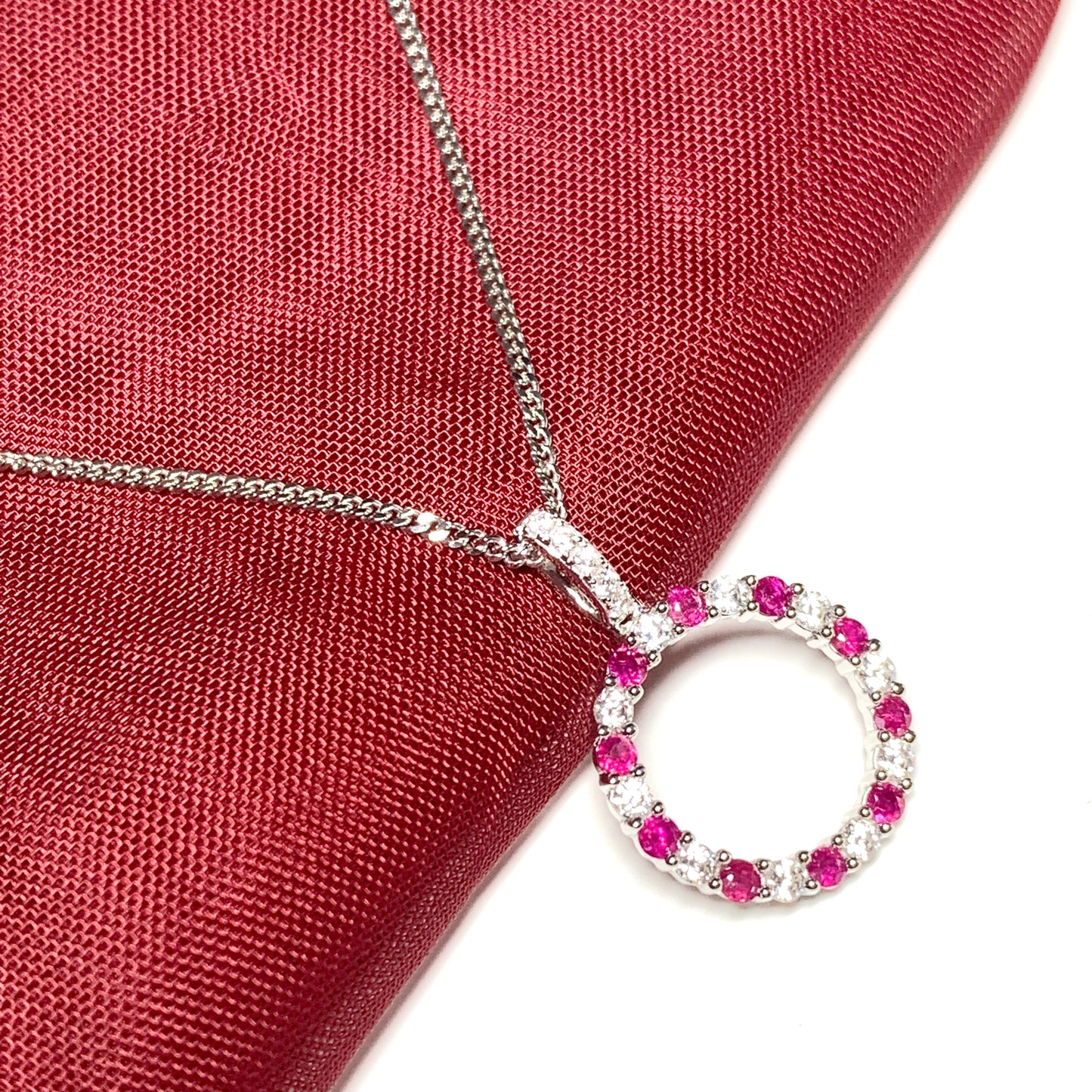 Round red ruby and cubic zirconia sterling silver necklace pendent