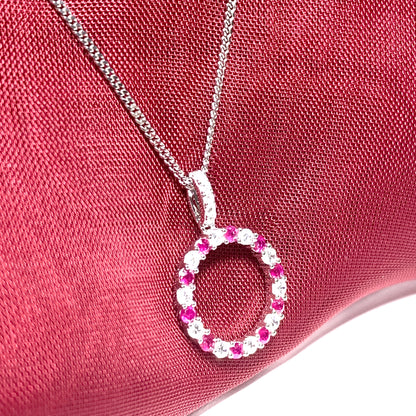 Round red ruby and cubic zirconia sterling silver necklace pendent