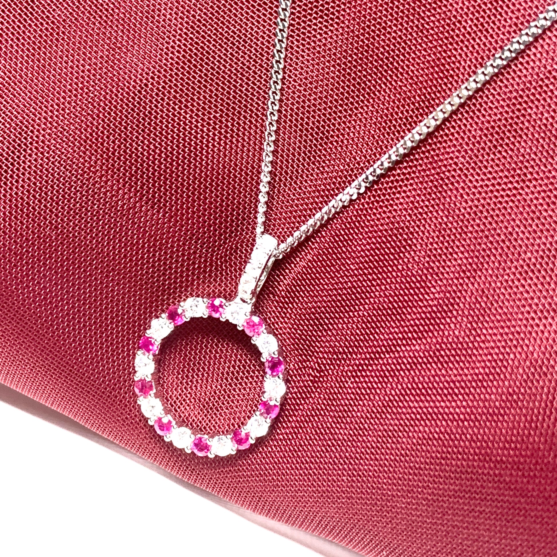 Round red ruby and cubic zirconia sterling silver necklace pendent