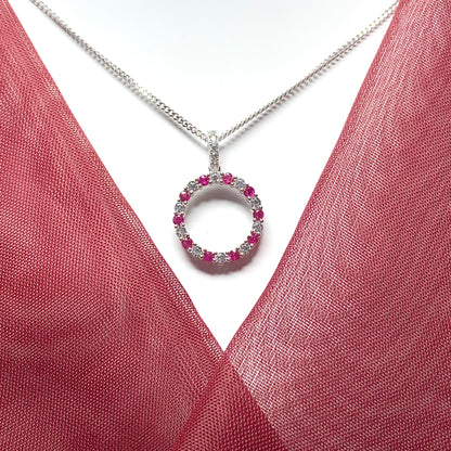 Round red ruby and cubic zirconia sterling silver necklace pendent