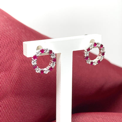 Round red ruby and cubic zirconia sterling silver stud earrings