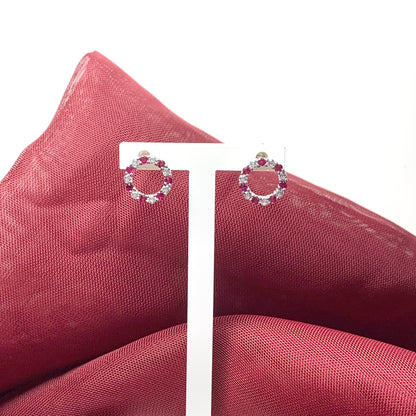 Round red ruby and cubic zirconia sterling silver stud earrings