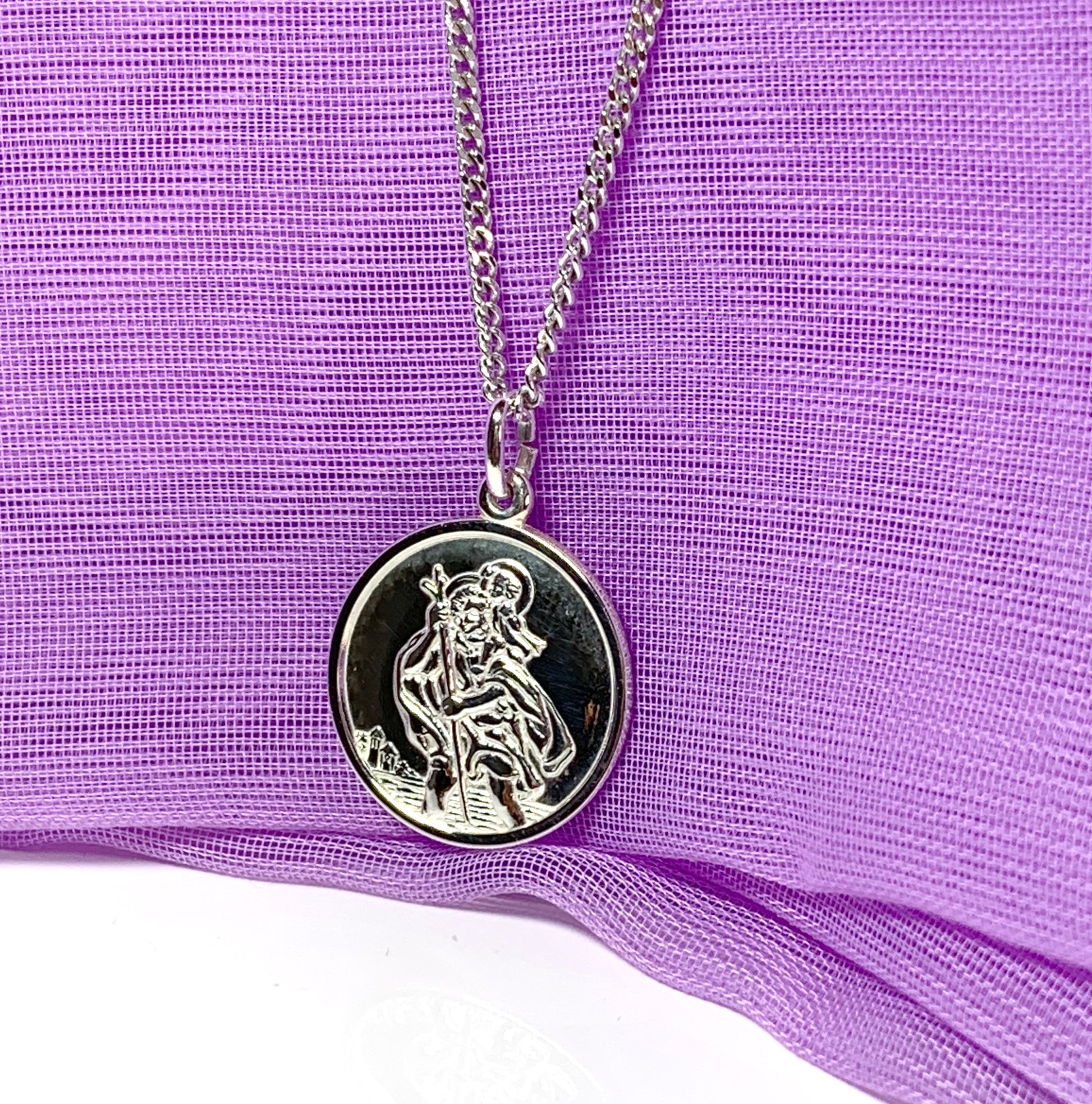 Round solid St. Christopher necklace pendant including chain