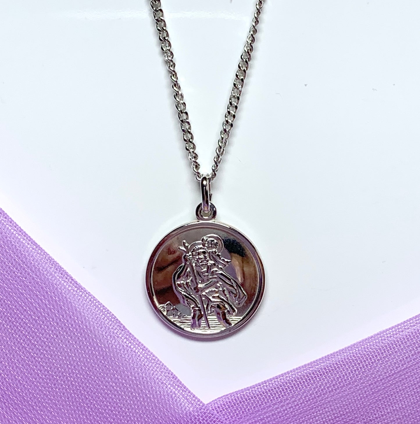 Round solid St. Christopher necklace pendant including chain