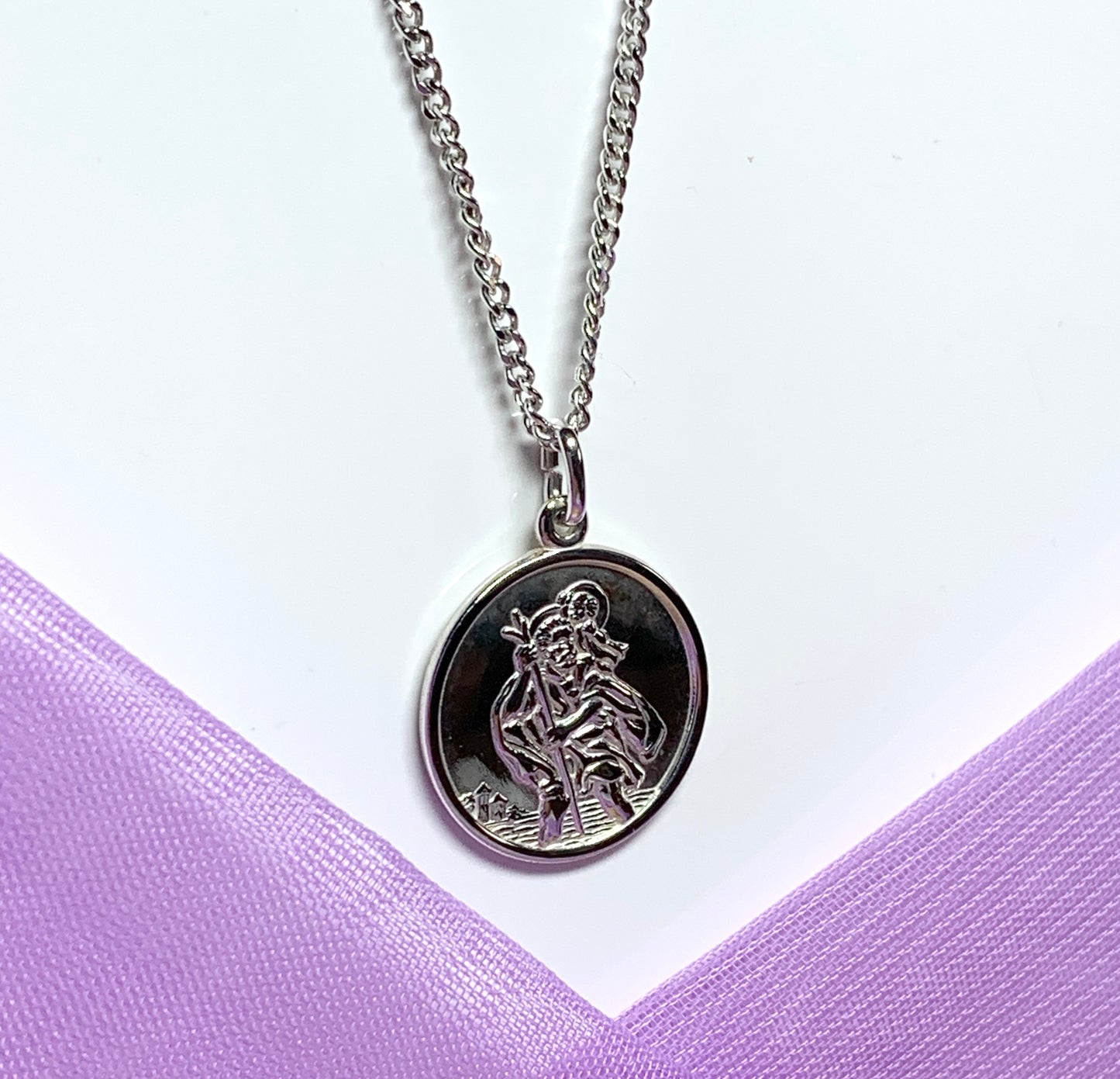 Round solid St. Christopher necklace pendant including chain