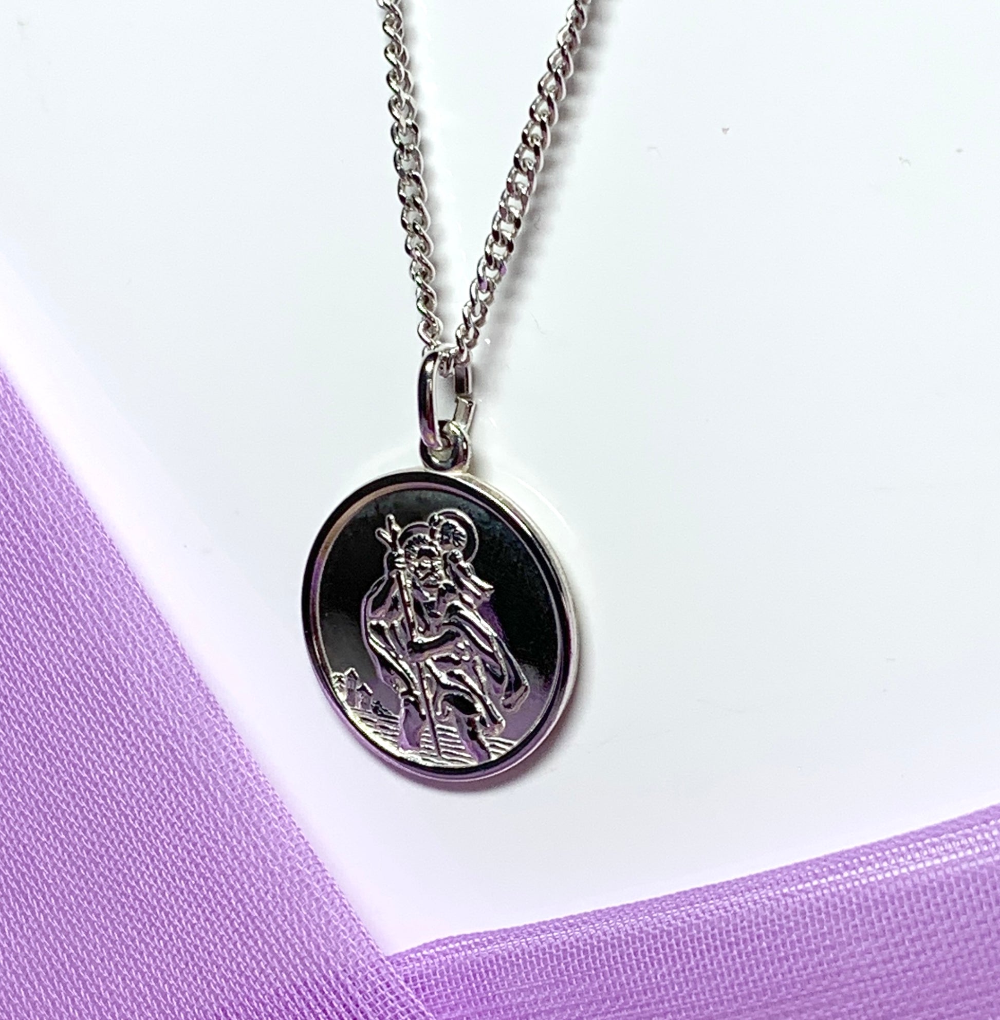 Round solid St. Christopher necklace pendant including chain