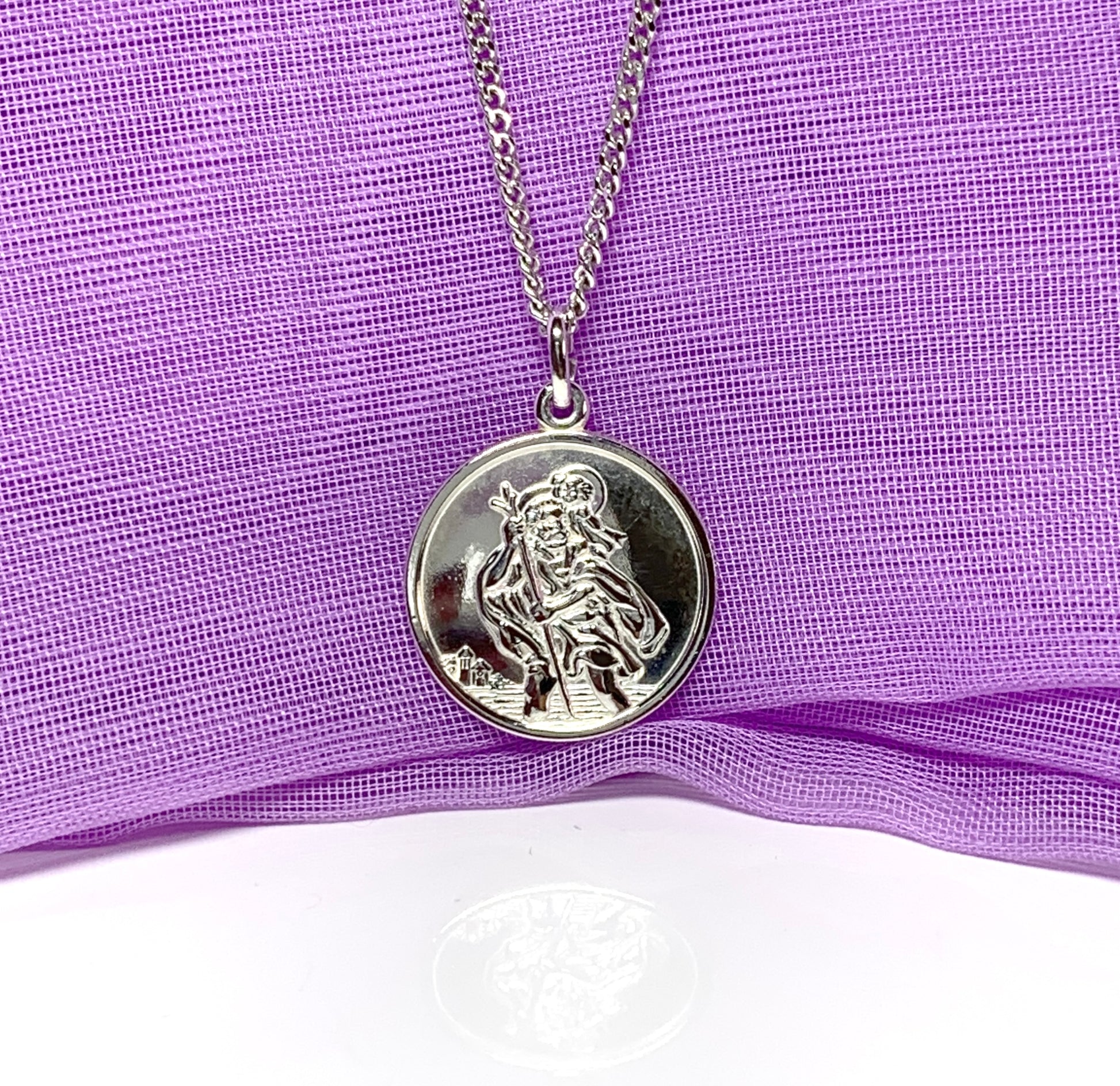 Round solid St. Christopher necklace pendant including chain