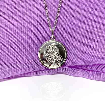 Round solid St. Christopher necklace pendant including chain