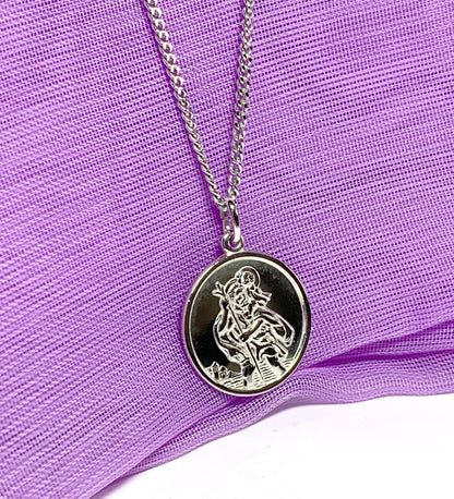 Round solid St. Christopher necklace pendant including chain