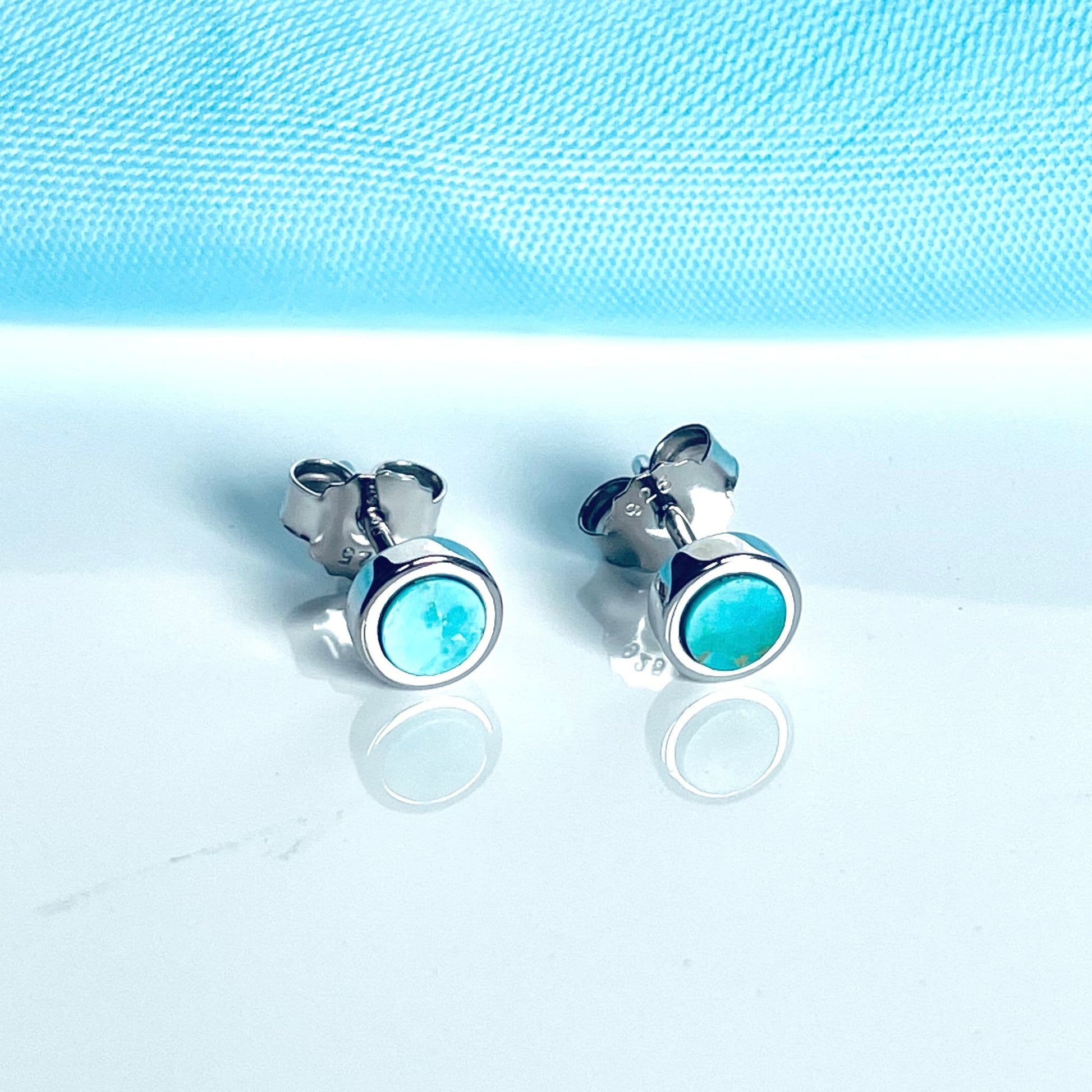 Turquoise blue green small round  sterling silver earrings