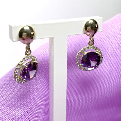 Round yellow gold and amethyst and cubic zirconia drop earrings