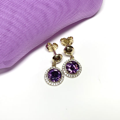 Round yellow gold and amethyst and cubic zirconia drop earrings