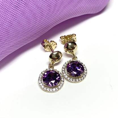 Round yellow gold and amethyst and cubic zirconia drop earrings