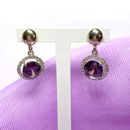 Round yellow gold and amethyst and cubic zirconia drop earrings