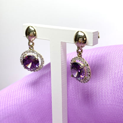 Round yellow gold and amethyst and cubic zirconia drop earrings