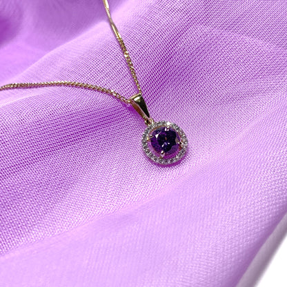 Round yellow gold and amethyst and cubic zirconia necklace pendent