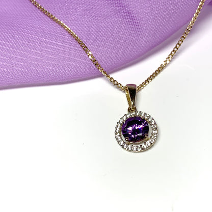 Round yellow gold and amethyst and cubic zirconia necklace pendent