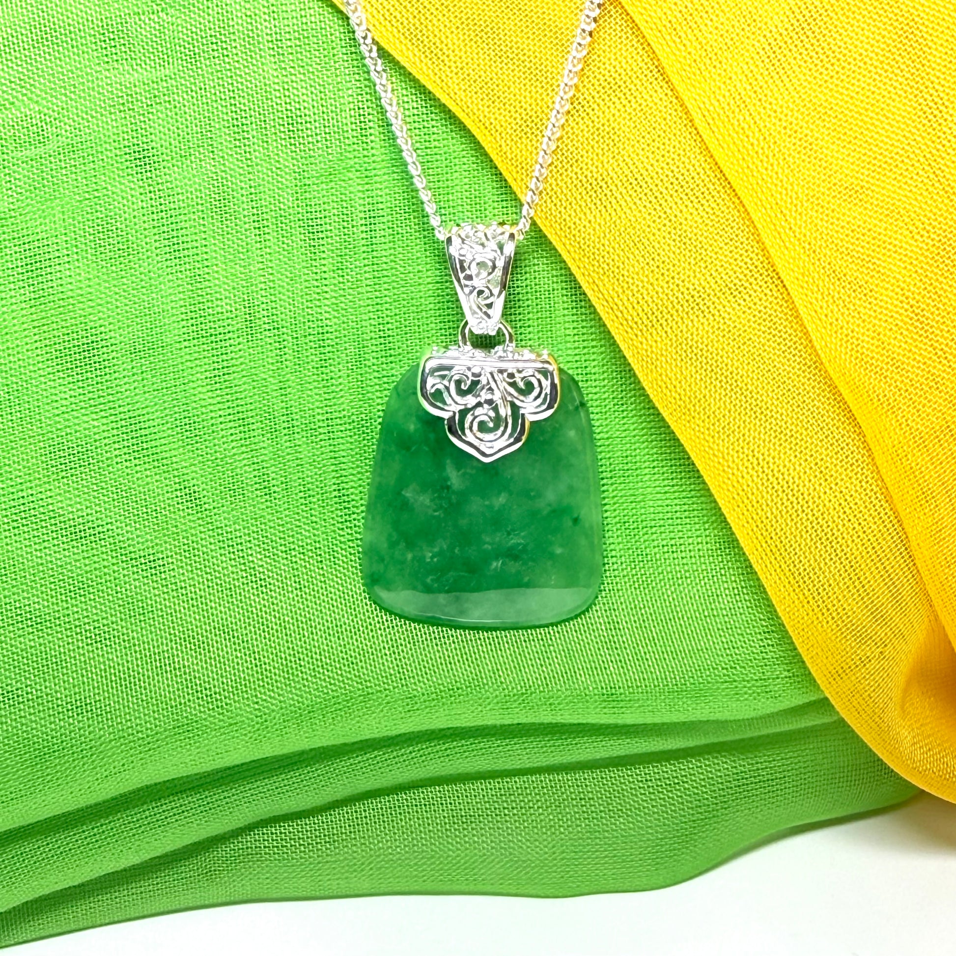 A real jade pendant green sterling silver large cushion shaped, a truly stunning necklace with a chain