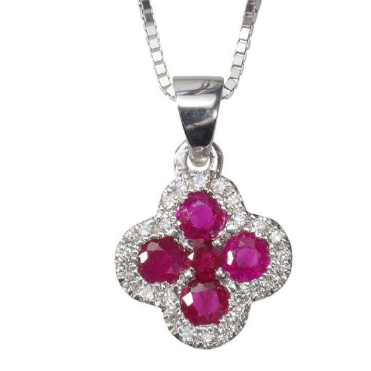 Ruby And Diamond White Gold Cluster Necklace Pendant