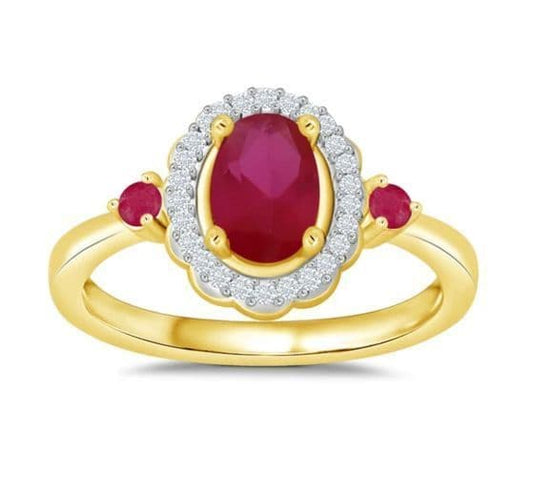 Ruby Red and Diamond Yellow Gold Cluster Ring
