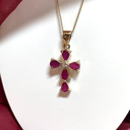 Red ruby and diamond yellow gold cross necklace