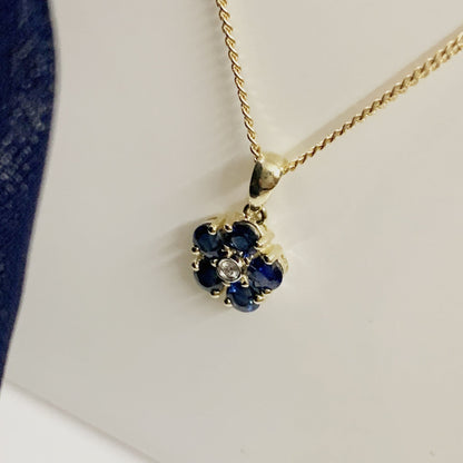 Blue Sapphire And Diamond Yellow Gold Daisy Cluster Necklace