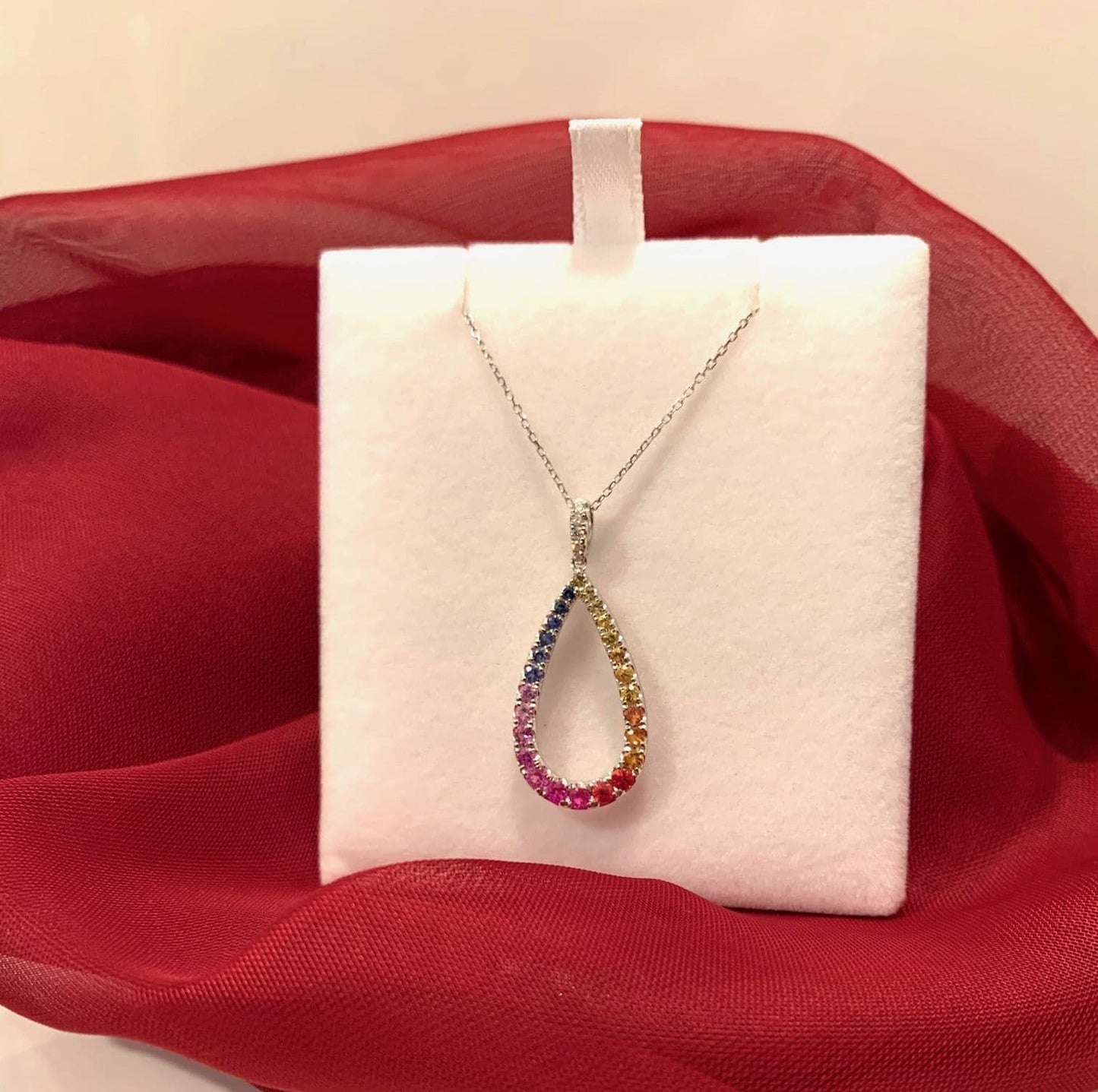 Multi Coloured Pear Shaped Sapphire And Diamond White Gold Necklace