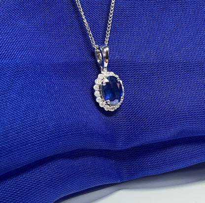 Real blue sapphire and diamond white gold cluster necklace oval pendant