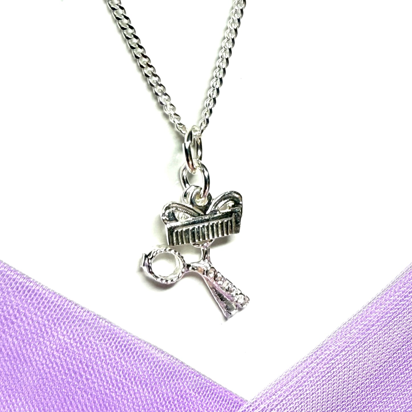 Scissors and comb solid necklace sterling silver
