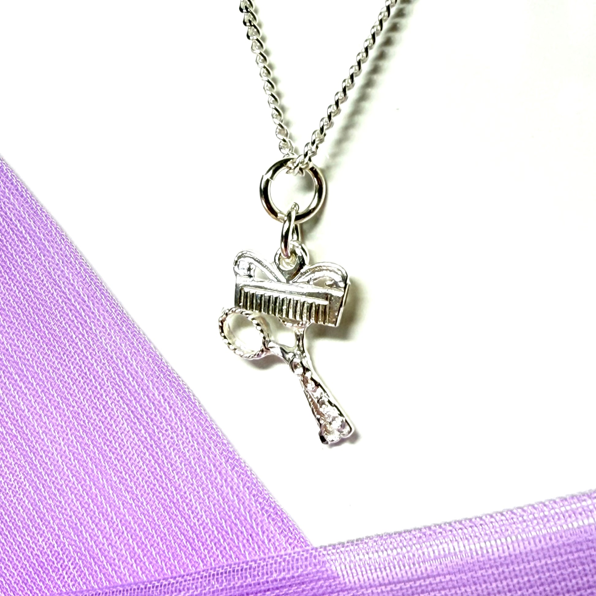 Scissors and comb solid necklace sterling silver with chain