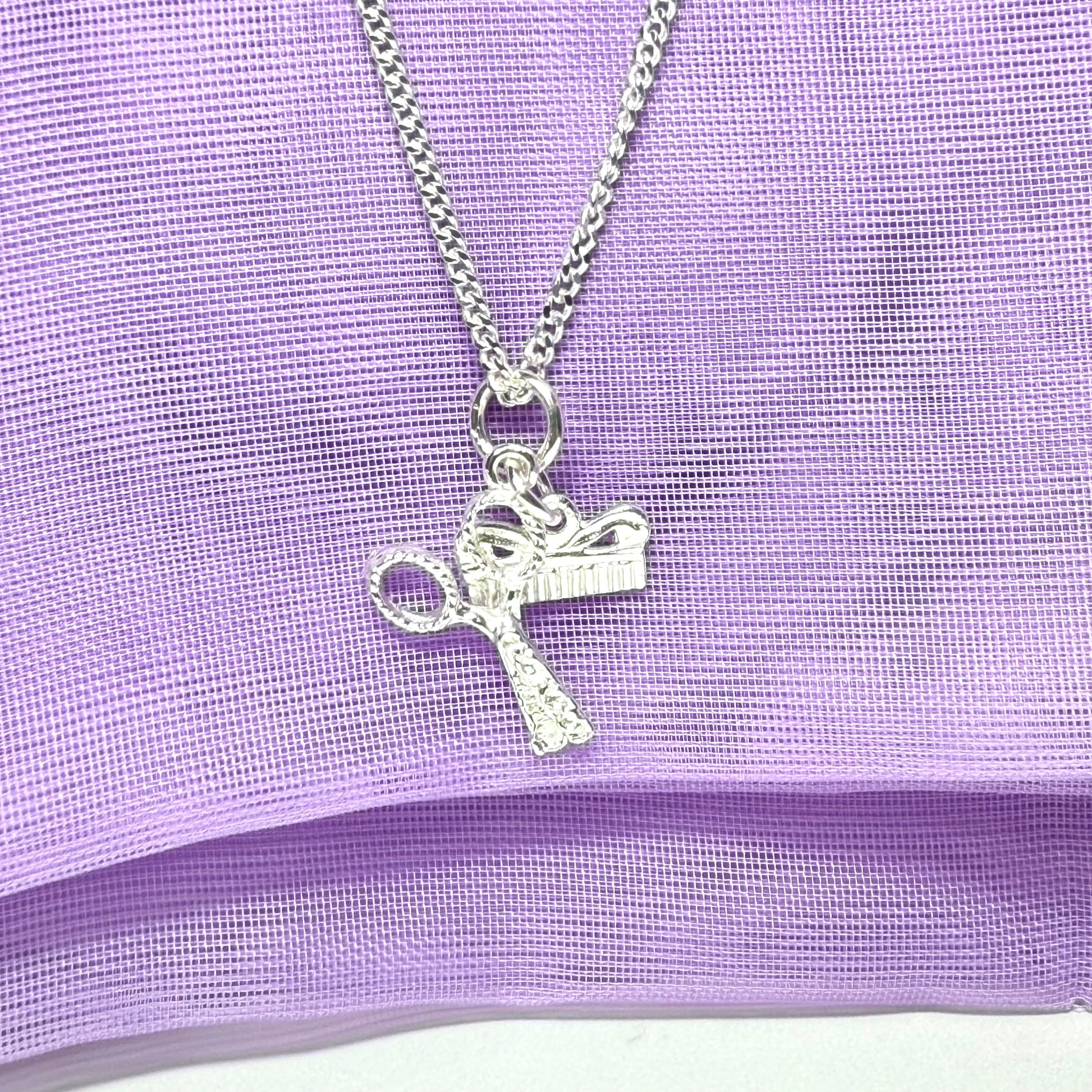 Scissors and comb solid necklace sterling silver with chain