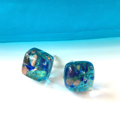 Sea Blue Real Murano Glass Stud Earrings