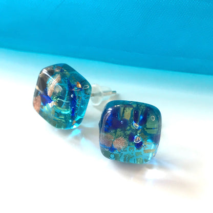 Sea Blue Real Murano Glass Stud Earrings