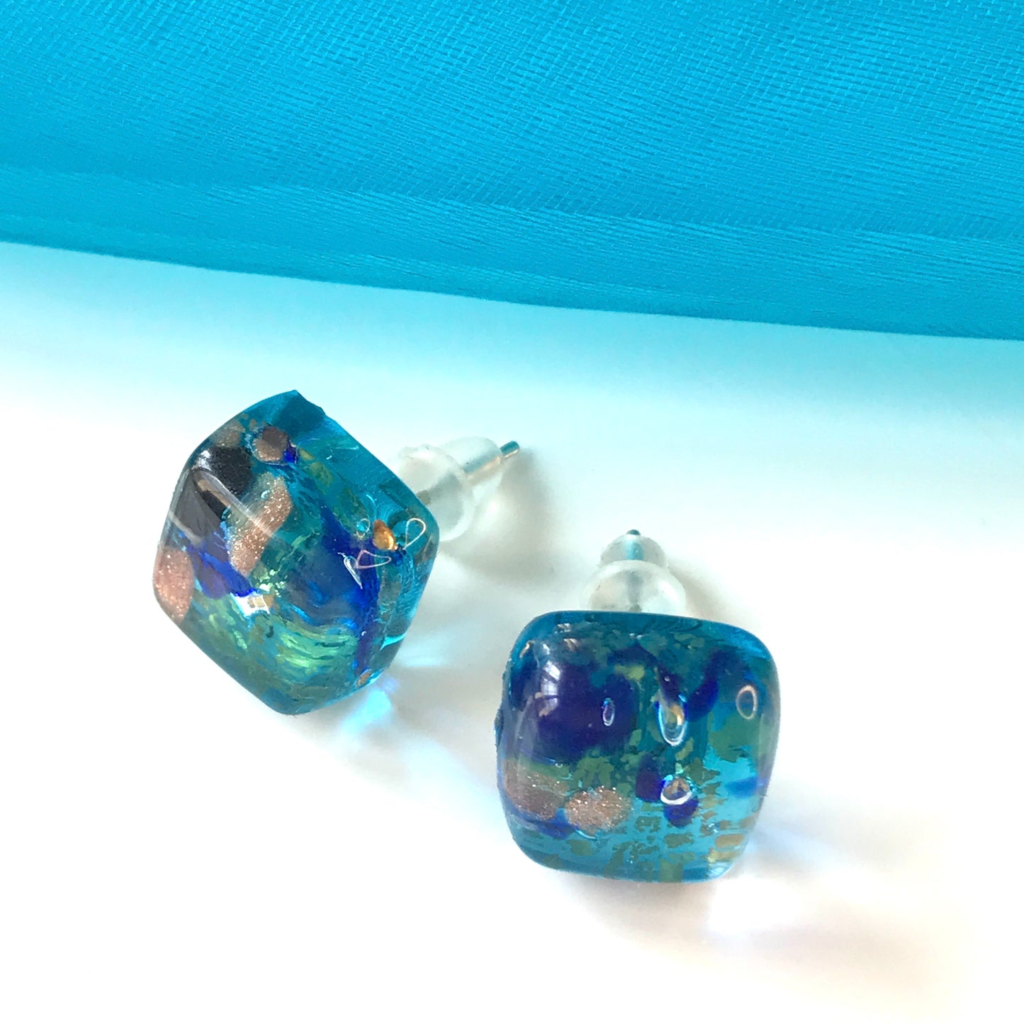 Sea Blue Real Murano Glass Stud Earrings