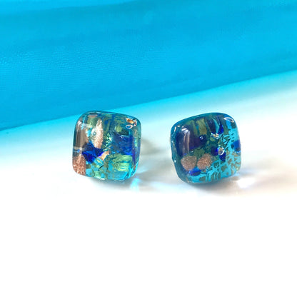 Sea Blue Real Murano Glass Stud Earrings