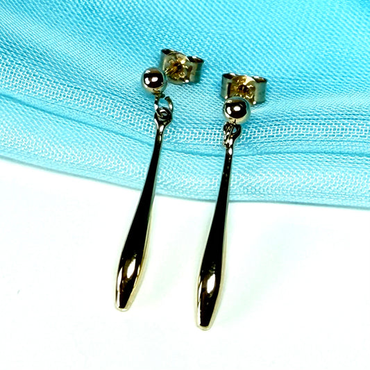 Sharp bomber shaped long teardrop gold drop earrings