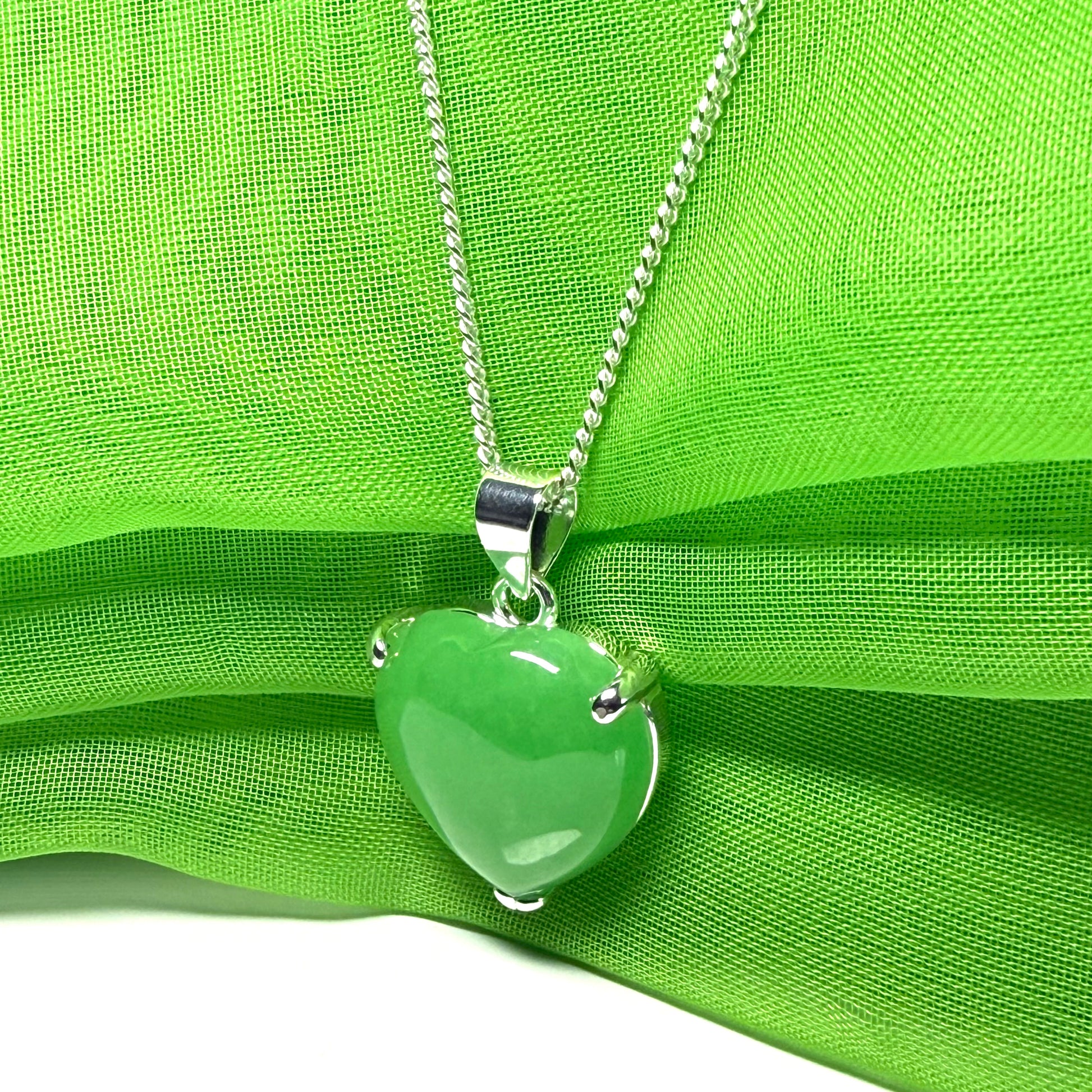 Shimmering real green jade heart shaped necklace