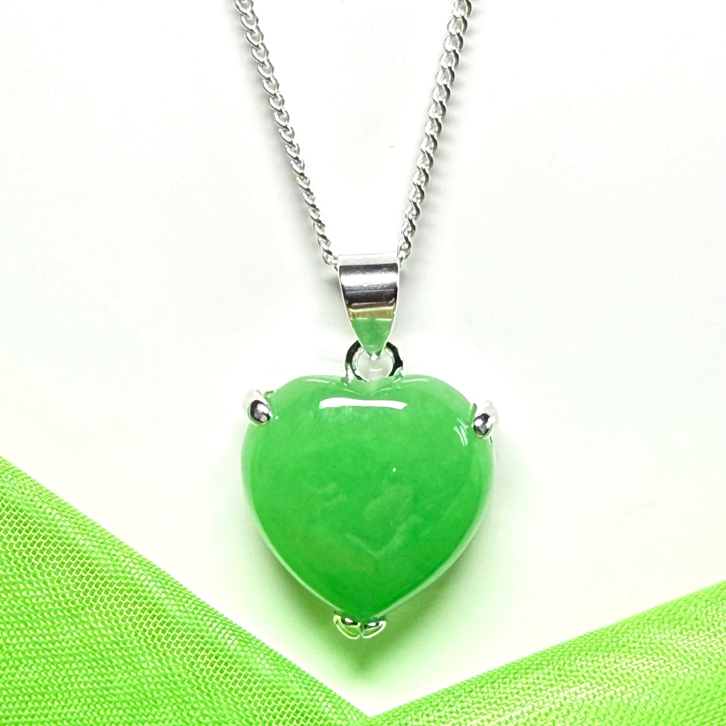 Shimmering real green jade heart shaped necklace with chain