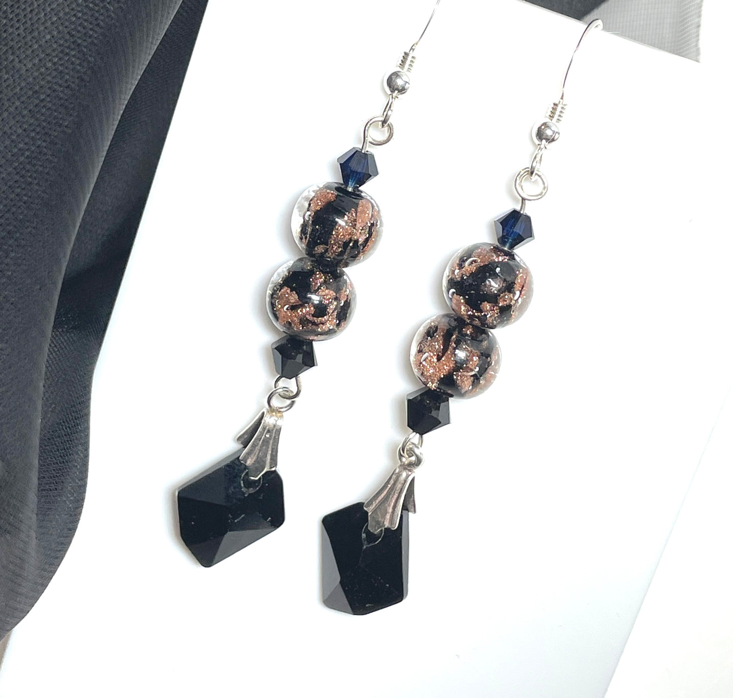 Shimmering black crystal and Murano glass drop earrings