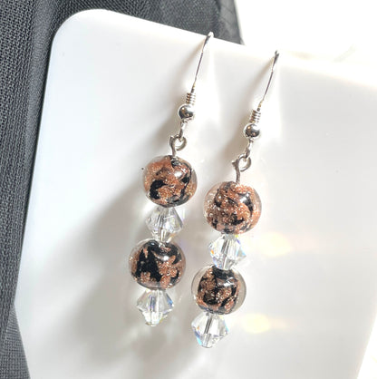 Shimmering black real Murano glass drop earrings with clear crystals