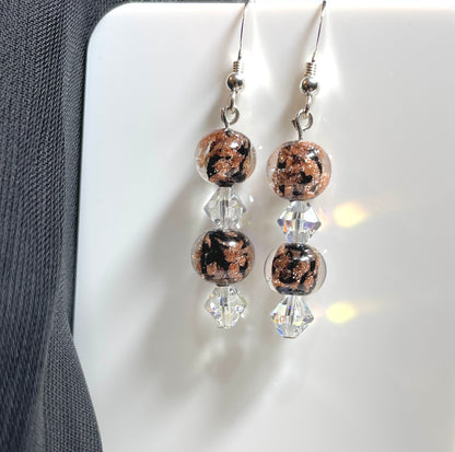 Shimmering black real Murano glass drop earrings with clear crystals