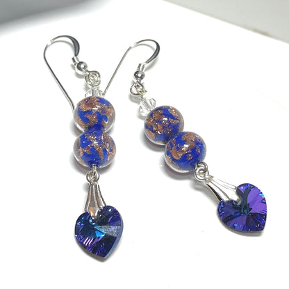 Blue Murano glass drop earrings made with 2 beads and crystal hearts