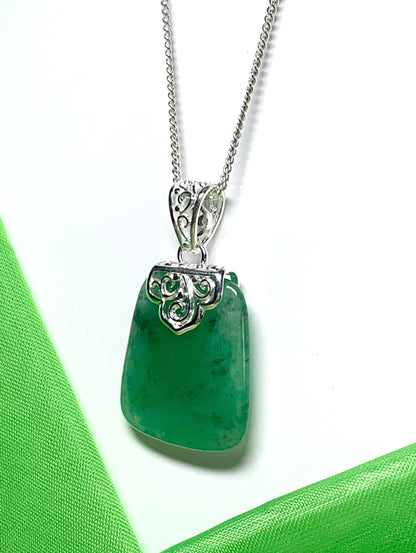 Sterling Silver Cushion Shaped Real Green Jade Necklace Pendant