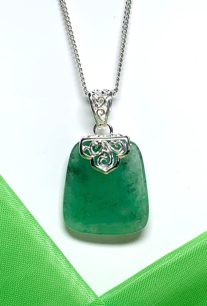 Sterling Silver Cushion Shaped Real Green Jade Necklace Pendant