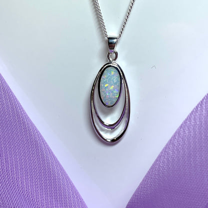 Sterling Silver Pierced Double Oval Opal Necklace